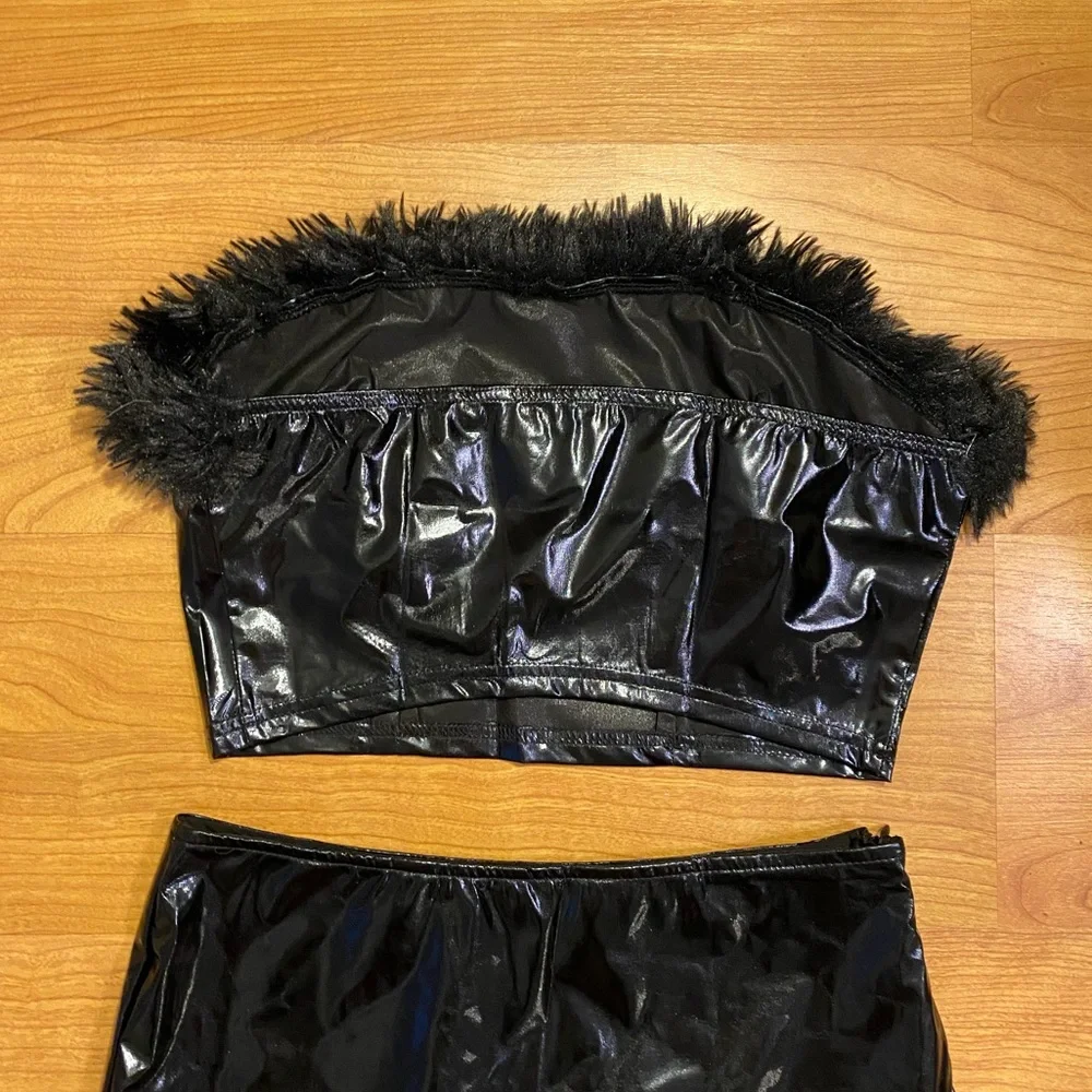 Black Faux Leather & Rhinestone Heart Bandeau Skort Set